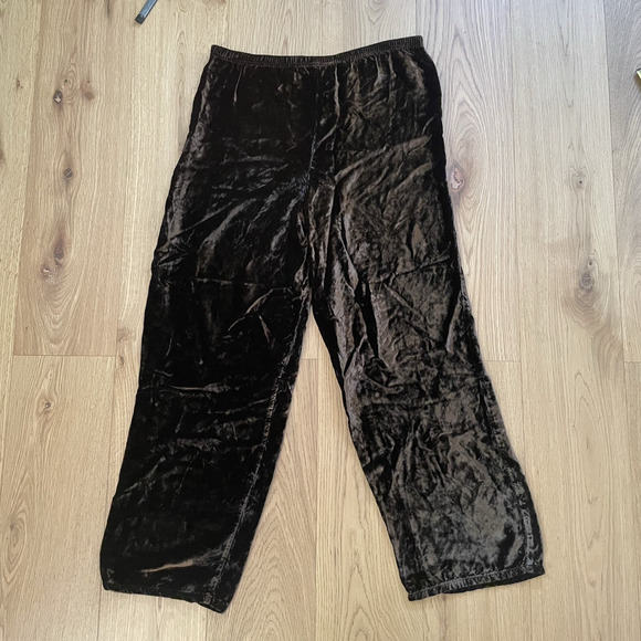 VTG Brown Crushed Velvet Pants L Pull On Wide Leg Elastic Waist Lounge 90s Y2K - Picture 3 of 8